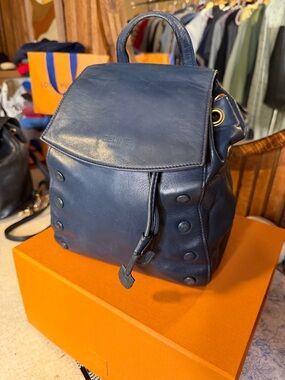 Celine Navy Blue Leather Drawstring Backpack